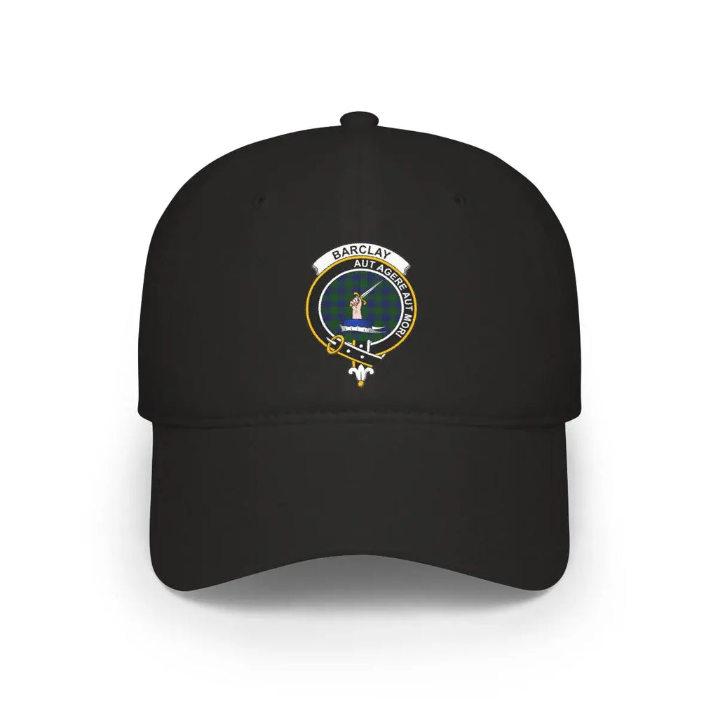 Barclay Aut Agere Aut Mori emblem on black cotton baseball cap — Scottish heritage clan crest design