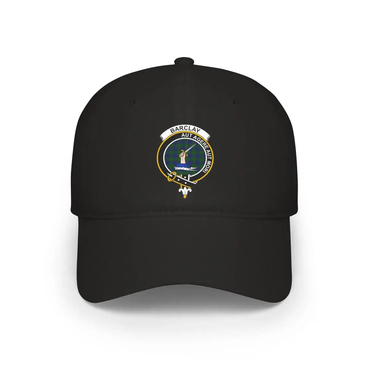 Barclay Aut Agere Aut Mori emblem on black cotton baseball cap — Scottish heritage clan crest design