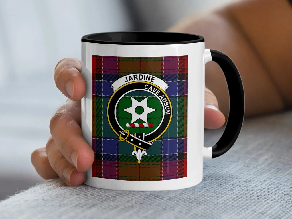 Clan Jardine crest mug — navy handle, 11 oz ceramic with tartan and Cave Adsum print