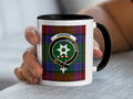Clan Jardine crest mug — navy handle, 11 oz ceramic with tartan and Cave Adsum print