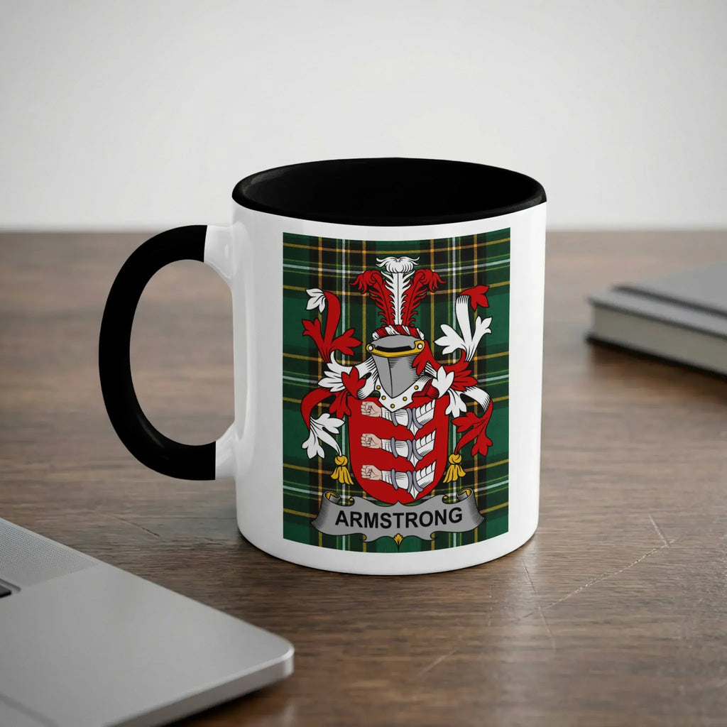 Armstrong surname on Irish tartan crest design mug — black handle, green and red plaid, 11oz ceramic