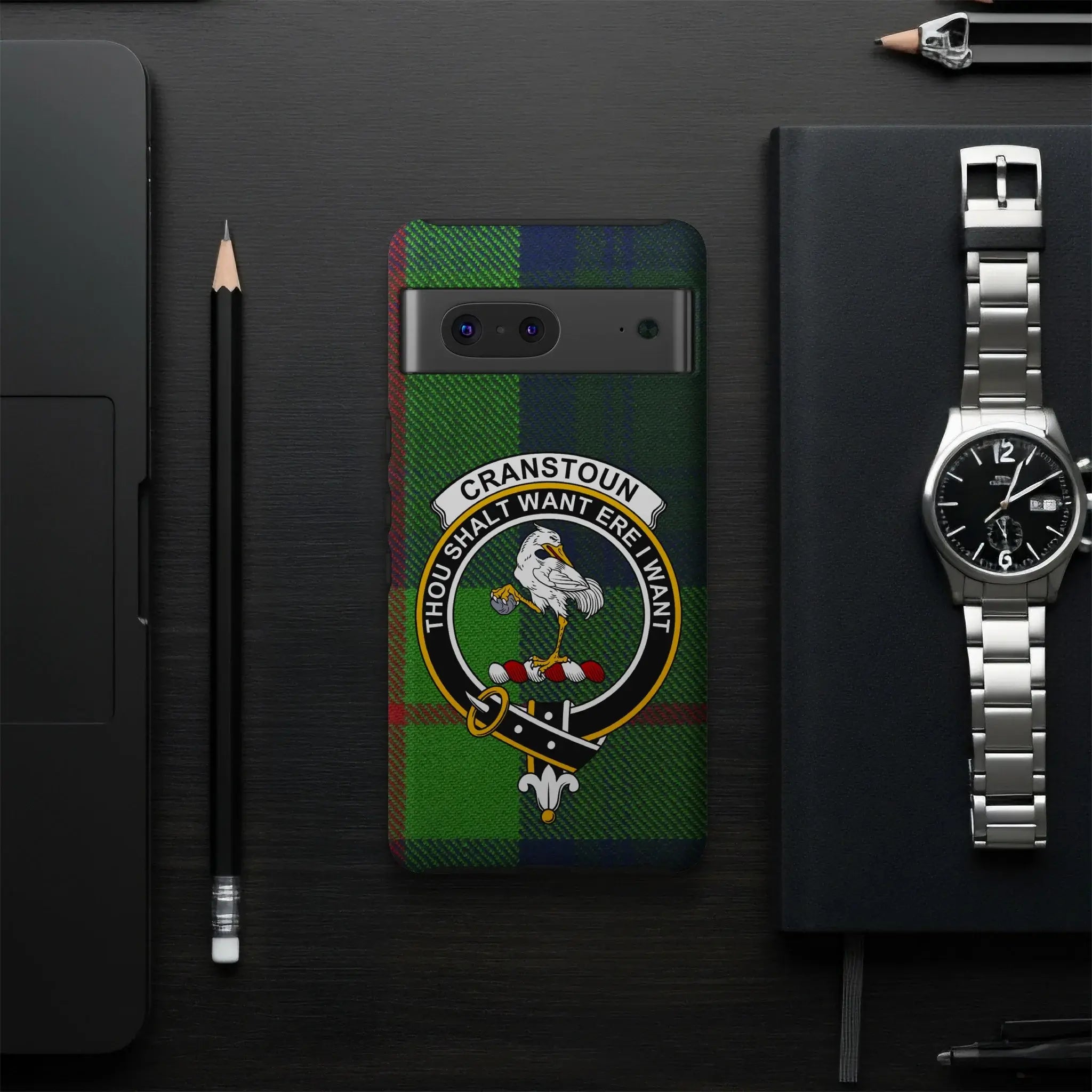 Cranstoun clan crest phone case — angled view showing wrap print and precise port cutouts