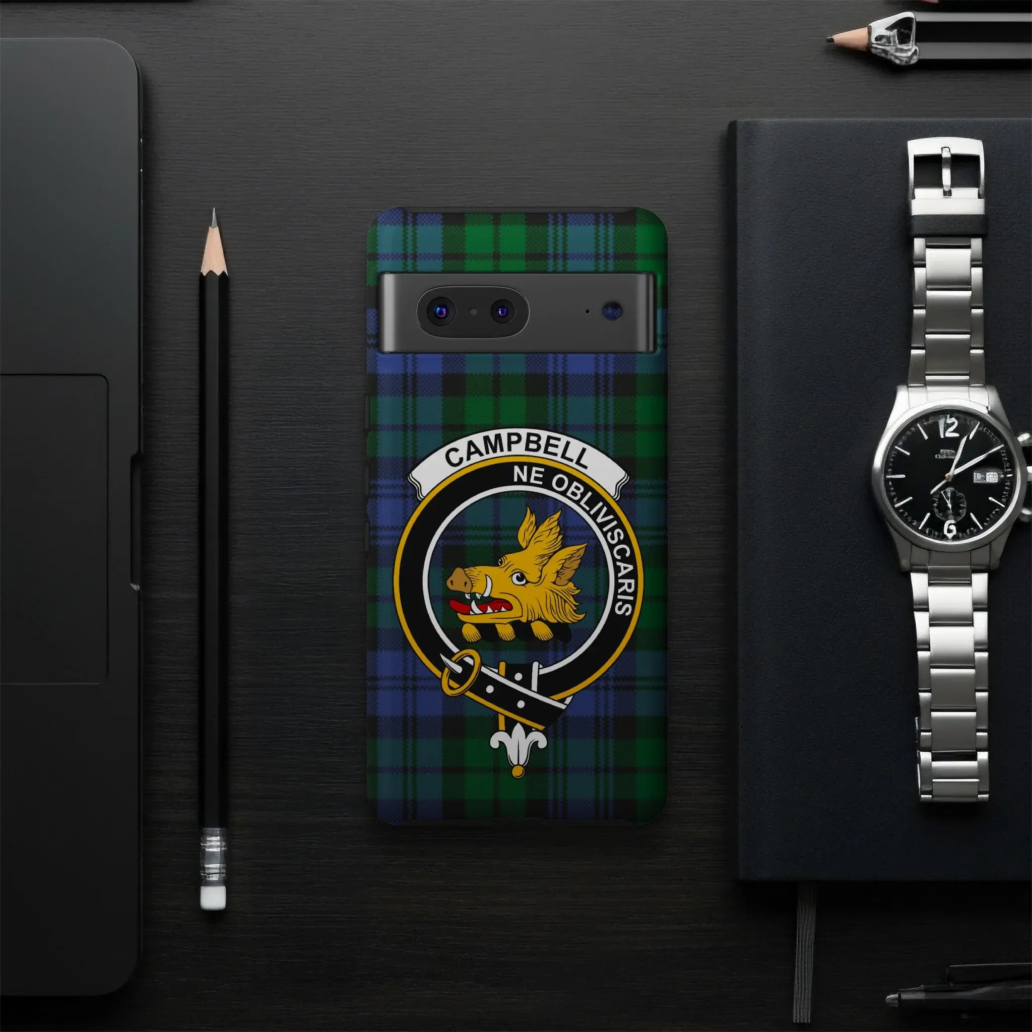 Campbell clan crest phone case rear view — boar's head design on dark green tartan, glossy finish