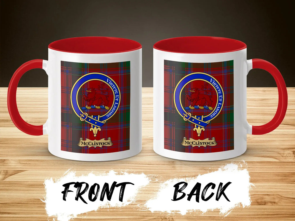 McClintock tartan-background crest mug shown as a Scottish heritage gift
