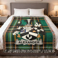 Alexander Irish family crest woven blanket with Irish tartan design and fringed edges