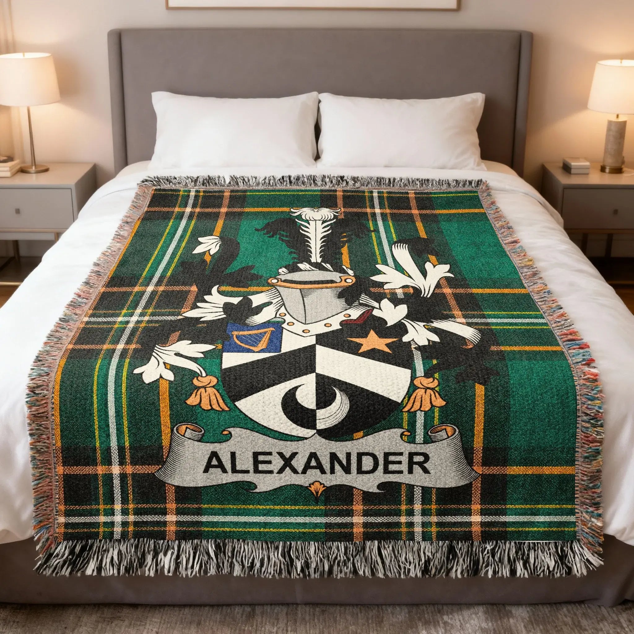 Alexander Irish family crest woven blanket with Irish tartan design and fringed edges