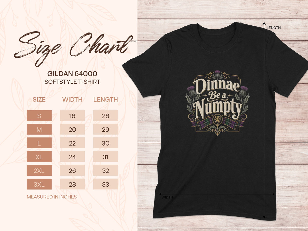 Gildan 64000 Softstyle T-shirt size chart with measurements in inches.