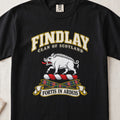 Findlay Scottish clan T-shirt in Black, front view with a white boar and motto banner.