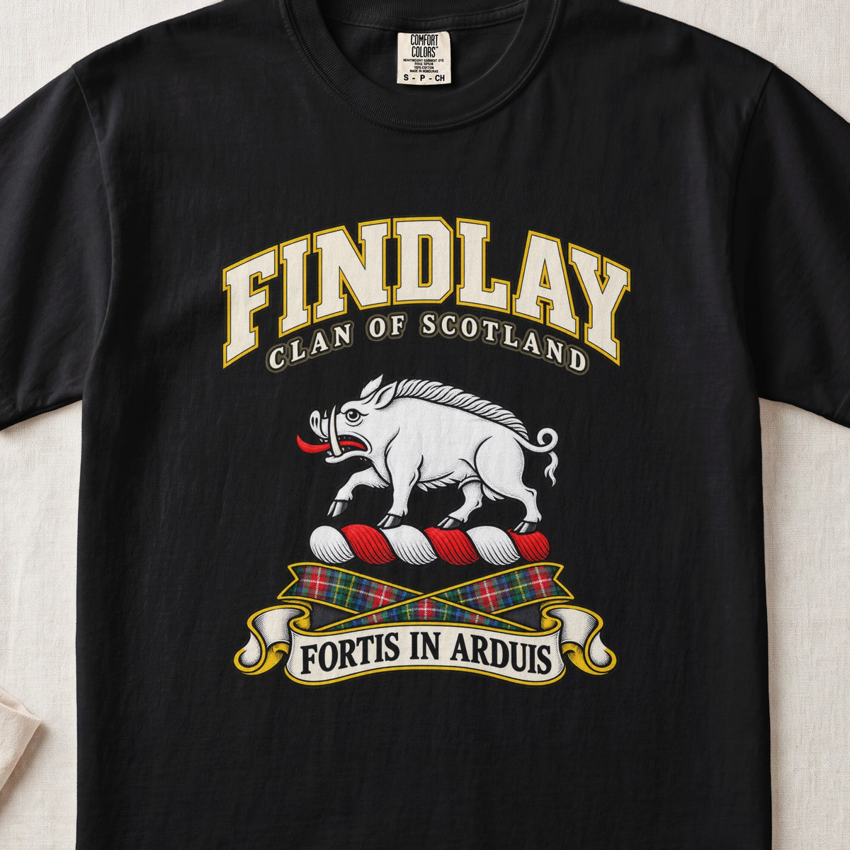 Findlay Scottish clan T-shirt in Black, front view with a white boar and motto banner.