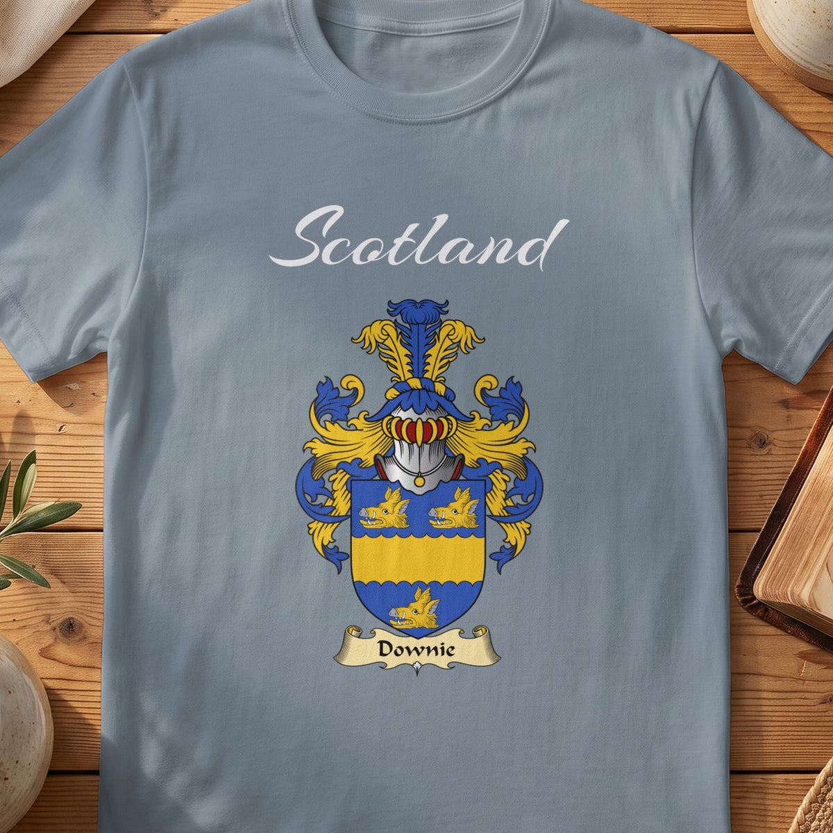 Downie Scottish family shield T-shirt in Stone Blue