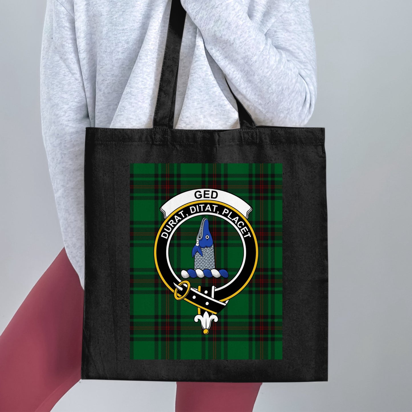 Ged clan scottish tartan badge with motto Tote Bag - Living Stone Gifts