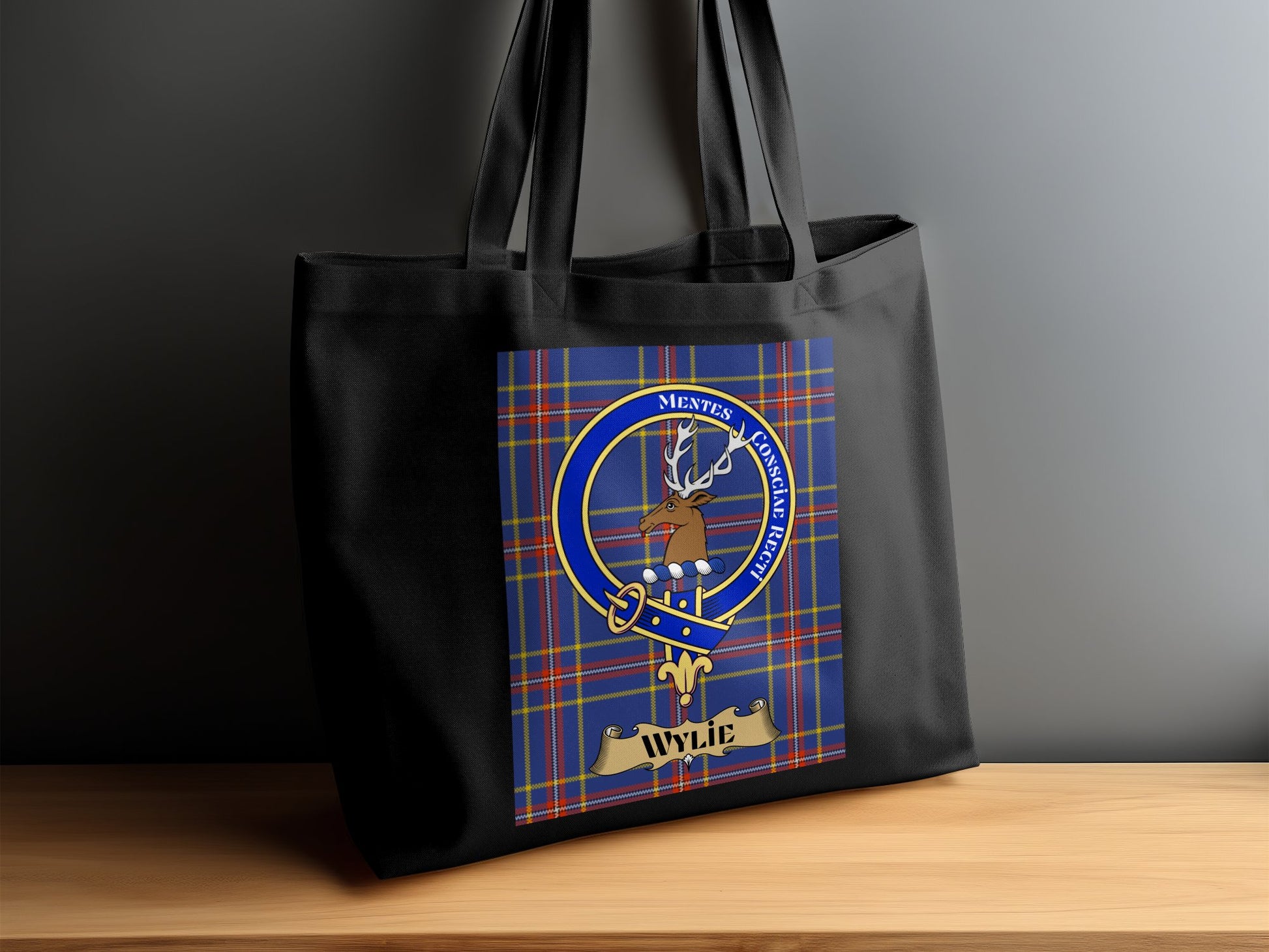 Scottish Clan Crest on Tartan Background Wylie Tote Bag - Living Stone Gifts