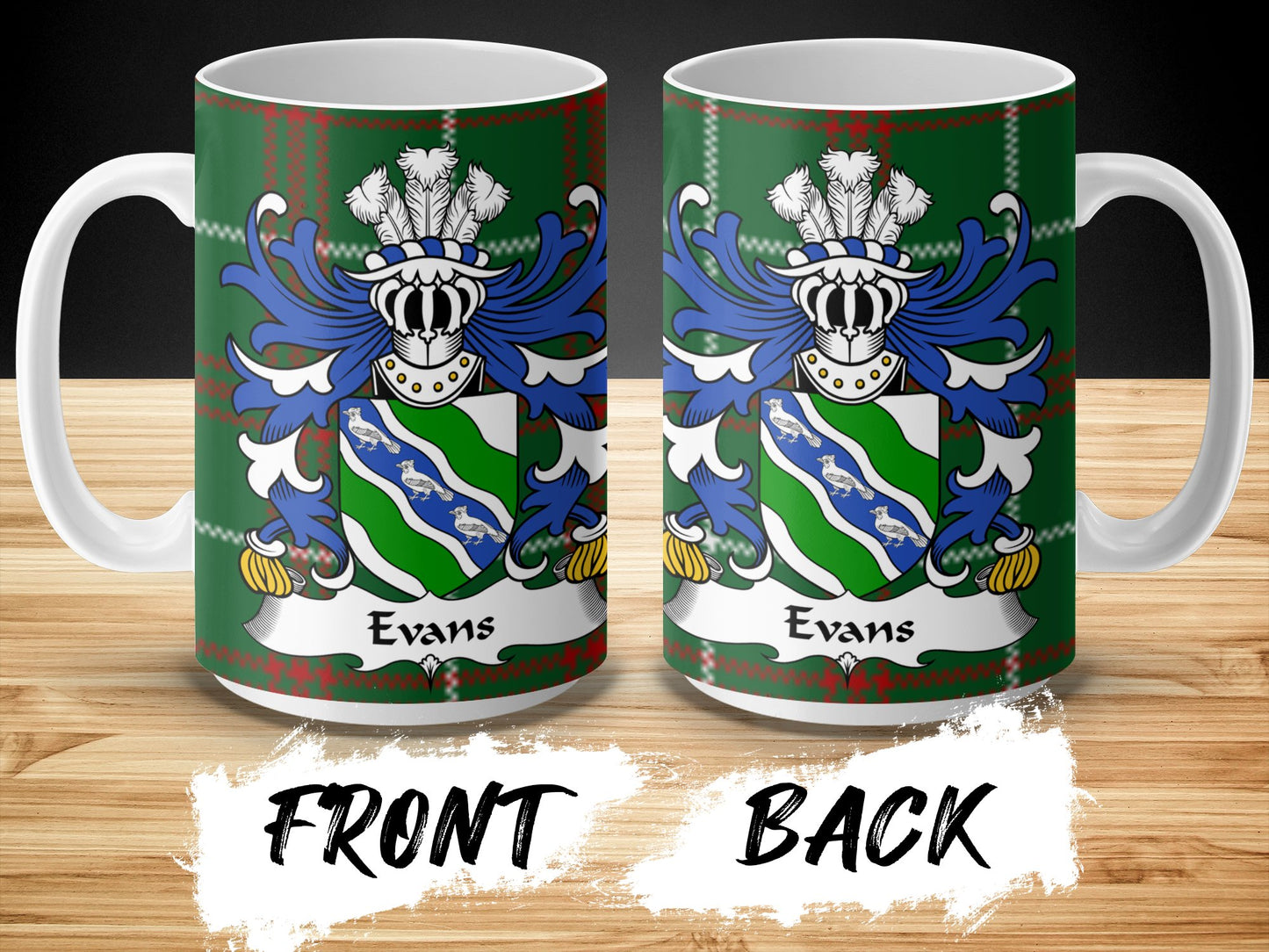 Evans Coat of Arms on Welsh National Tartan Mug - Living Stone Gifts