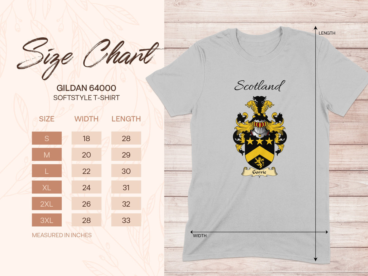 Gildan 64000 size chart for the Gorrie unisex T-shirt, sizes S to 3XL