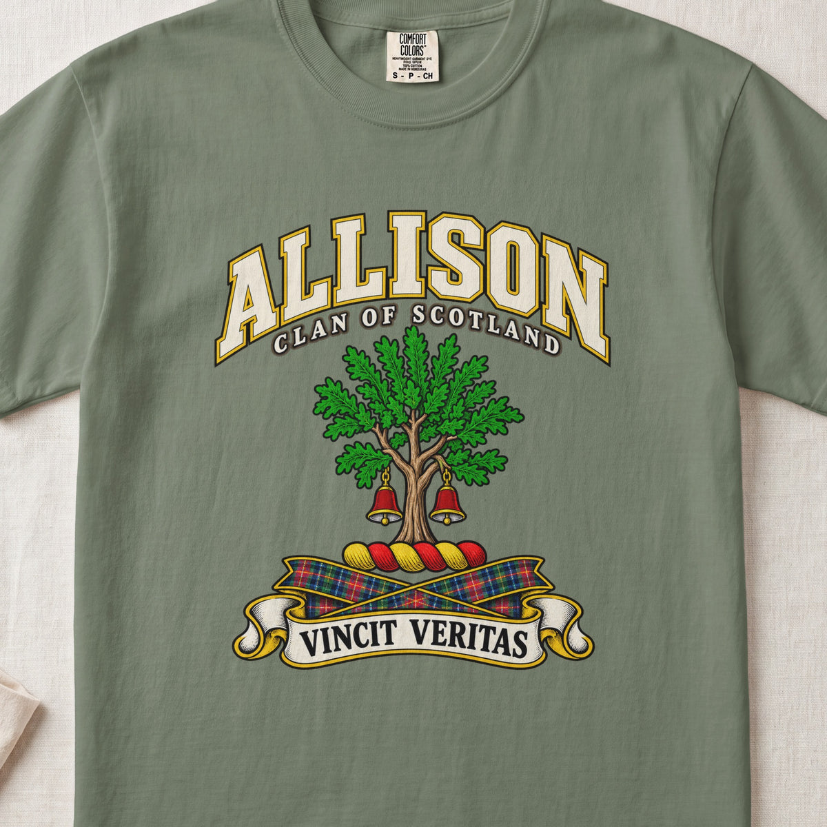 Allison Scottish clan T-shirt in Moss, front view with a green tree with two hanging bells and motto banner.