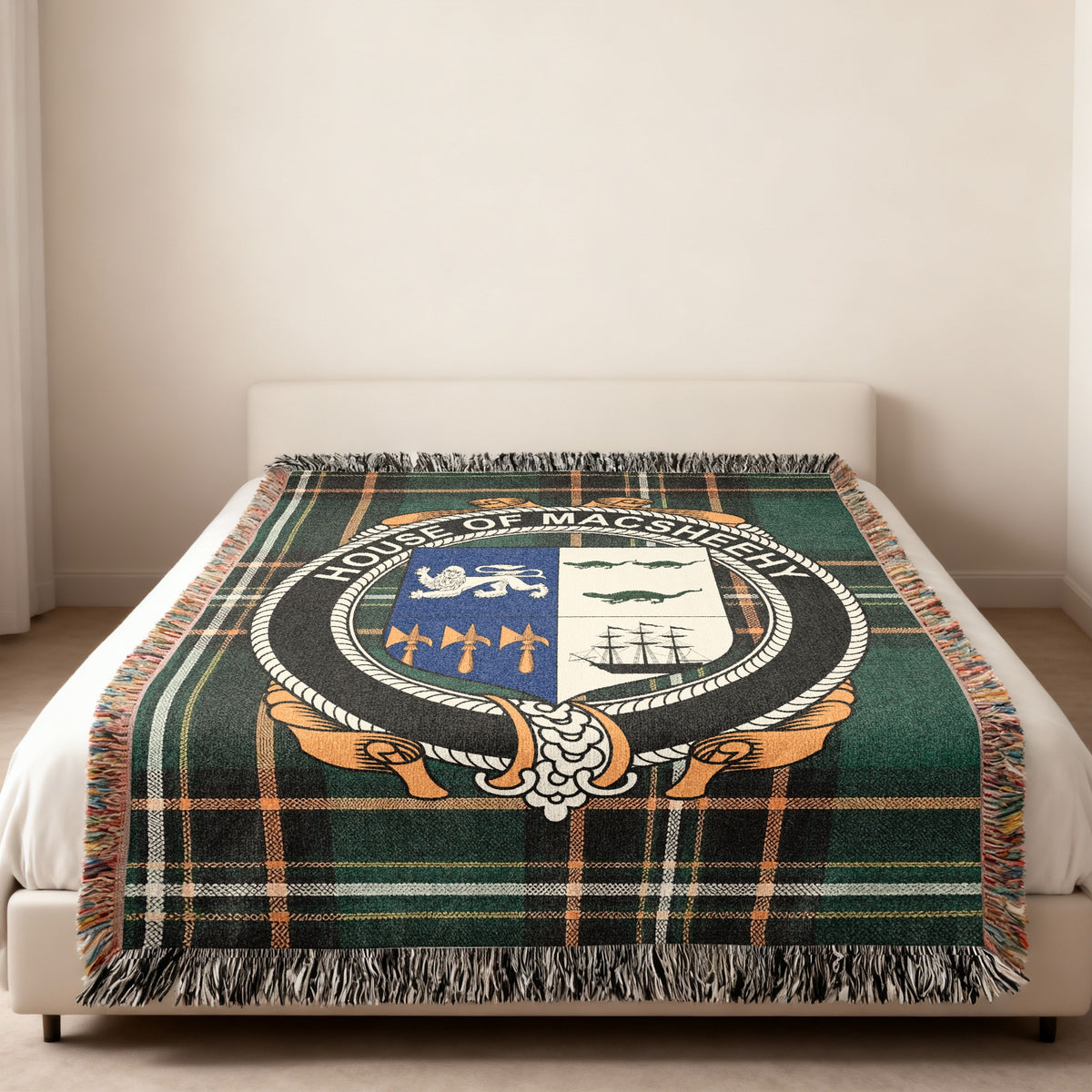 MacSheehy family crest emblem woven blanket displayed on a bed