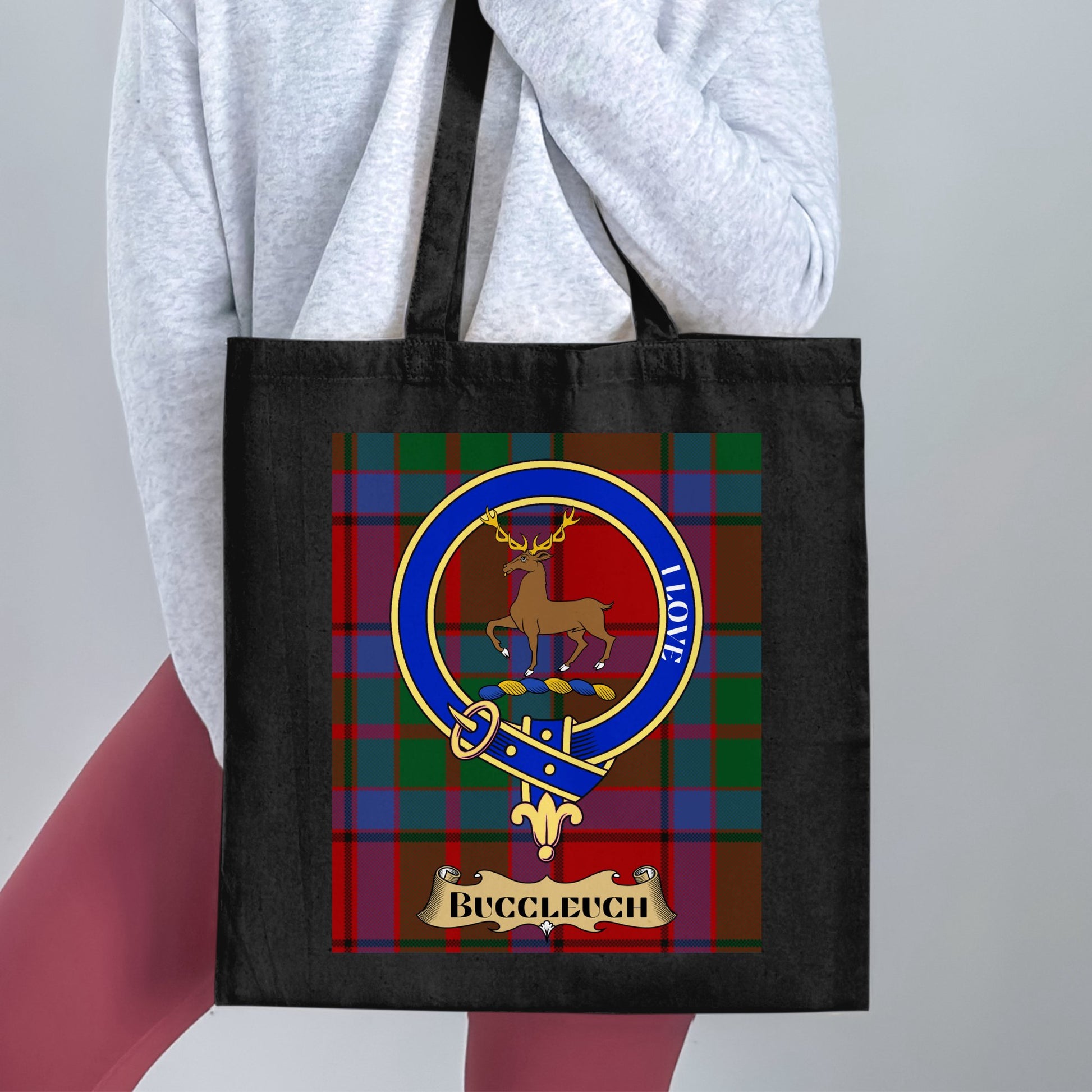 Buccleuch Clan Crest on Tartan Background Tote Bag - Living Stone Gifts