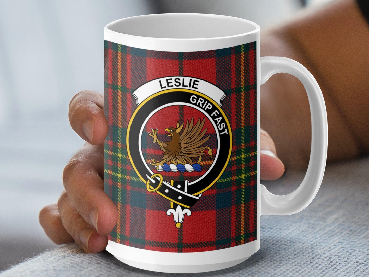 Leslie Crest on Scottish Tartan Plaid with Clan Motto Mug - Living Stone Gifts