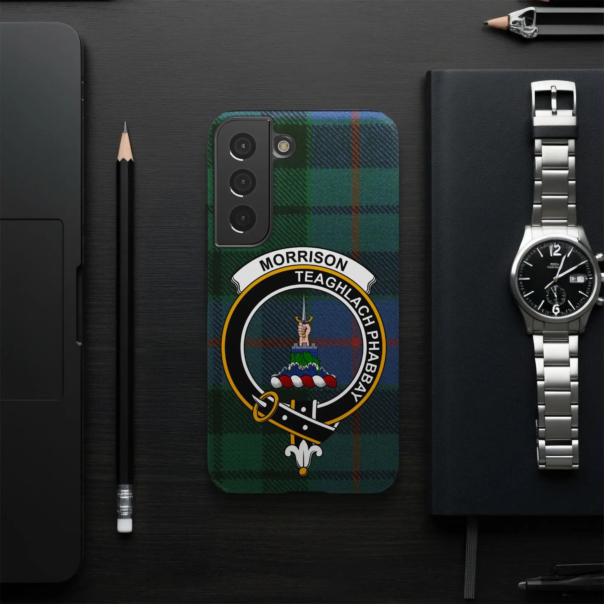 Morrison clan crest phone case on Samsung Galaxy — Teaghlach Phabbay tartan wrap print