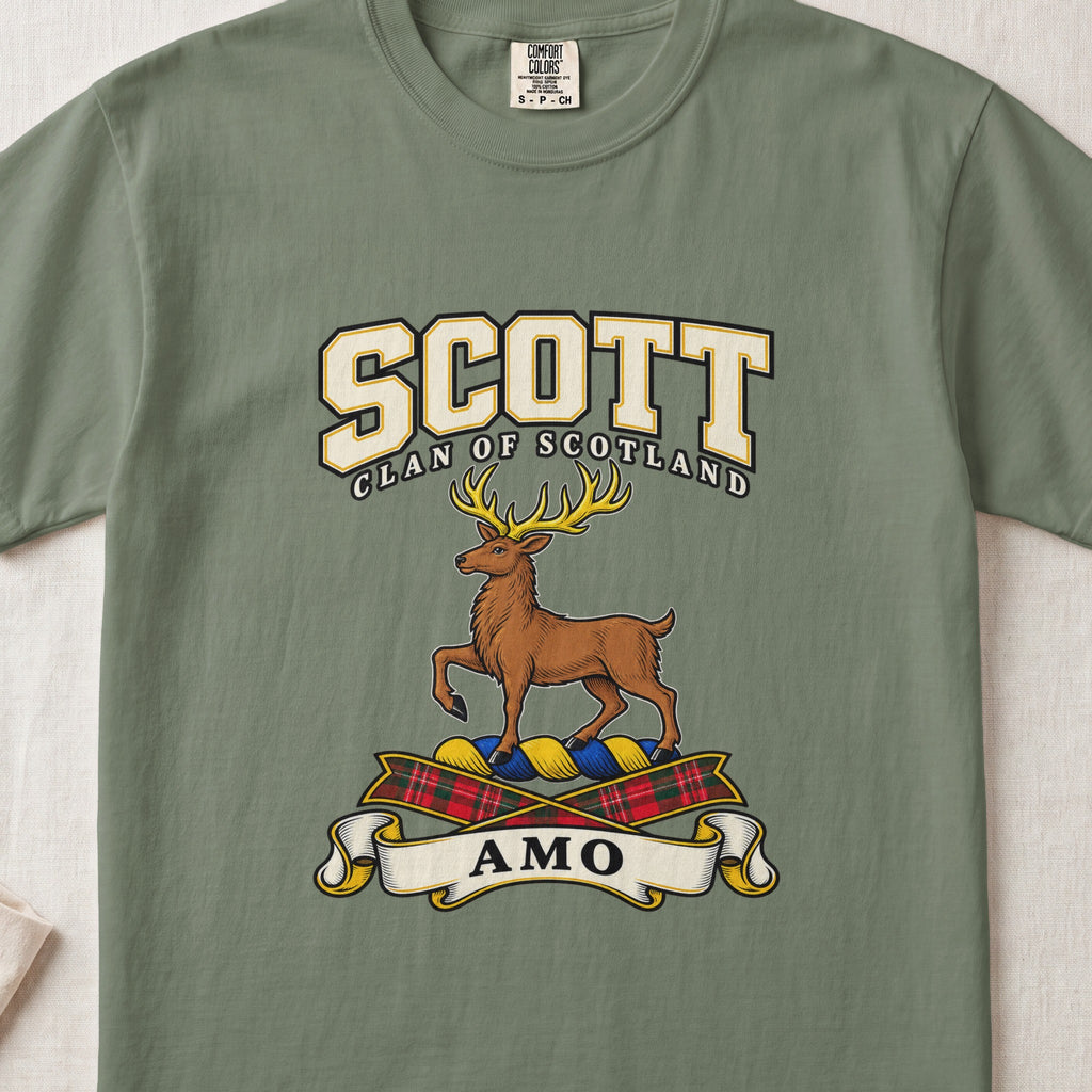 Scott graphic T-shirt in Moss green, front flat lay showing varsity lettering and brown stag with gold antlers and one raised front leg.