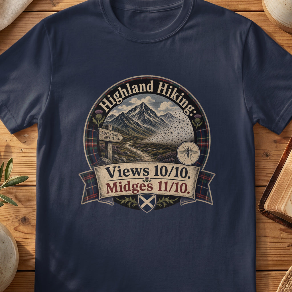 Navy Gildan 64000 unisex T-shirt flatlay with Highland Hiking Midges Scottish graphic design