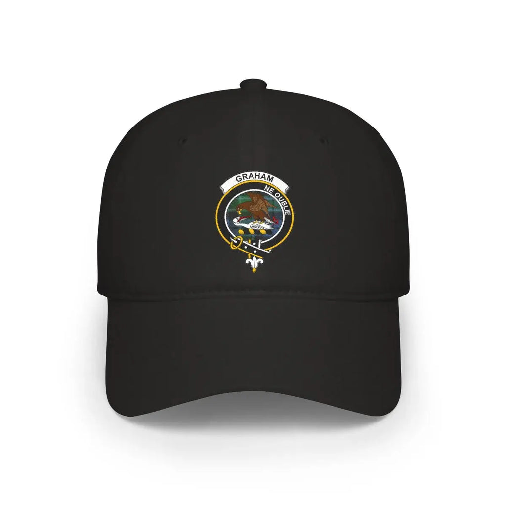 Clan Graham tartan cap in black — low-profile cotton with printed falcon crest and Ne Oublie