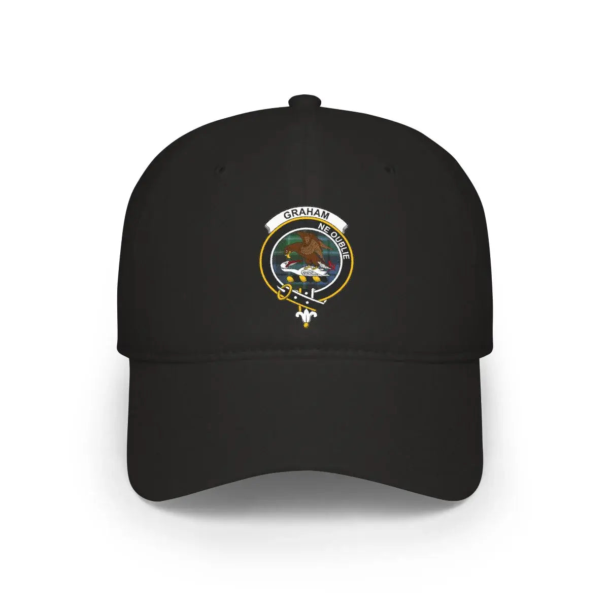 Clan Graham tartan cap in black — low-profile cotton with printed falcon crest and Ne Oublie