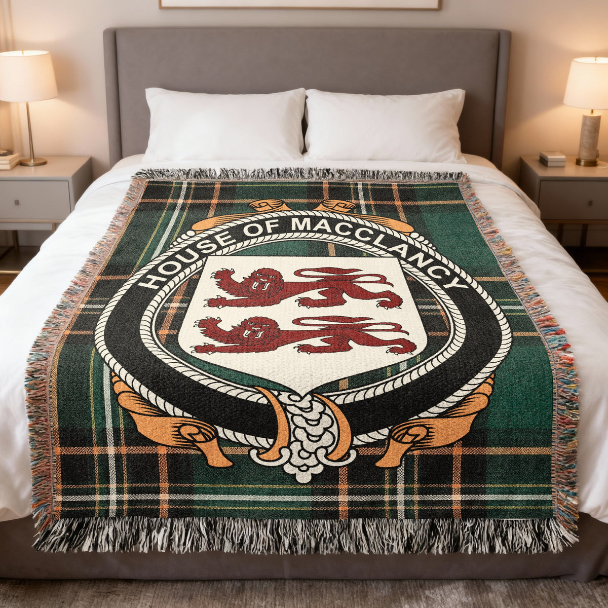 MacClancy Irish National Tartan woven blanket with family crest emblem