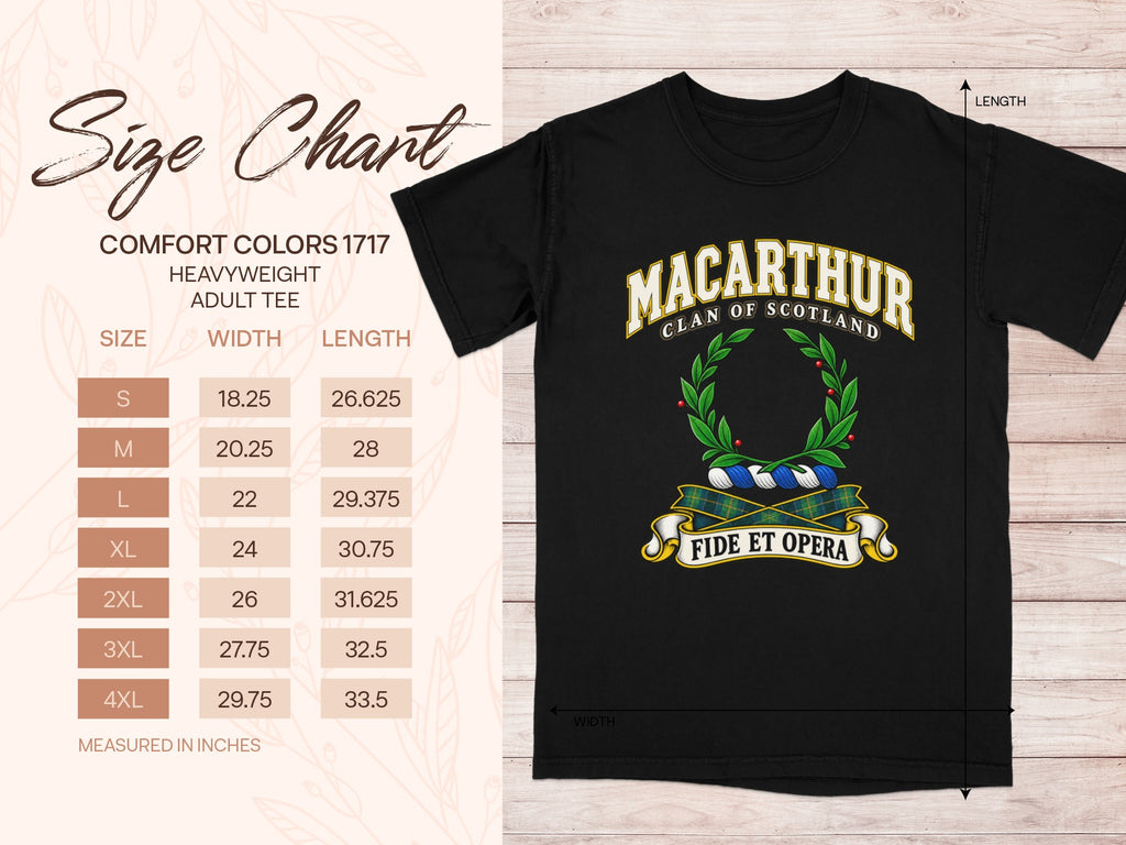 Comfort Colors 1717 size chart for the MacArthur Scottish clan T-shirt, adult sizes S–4XL.