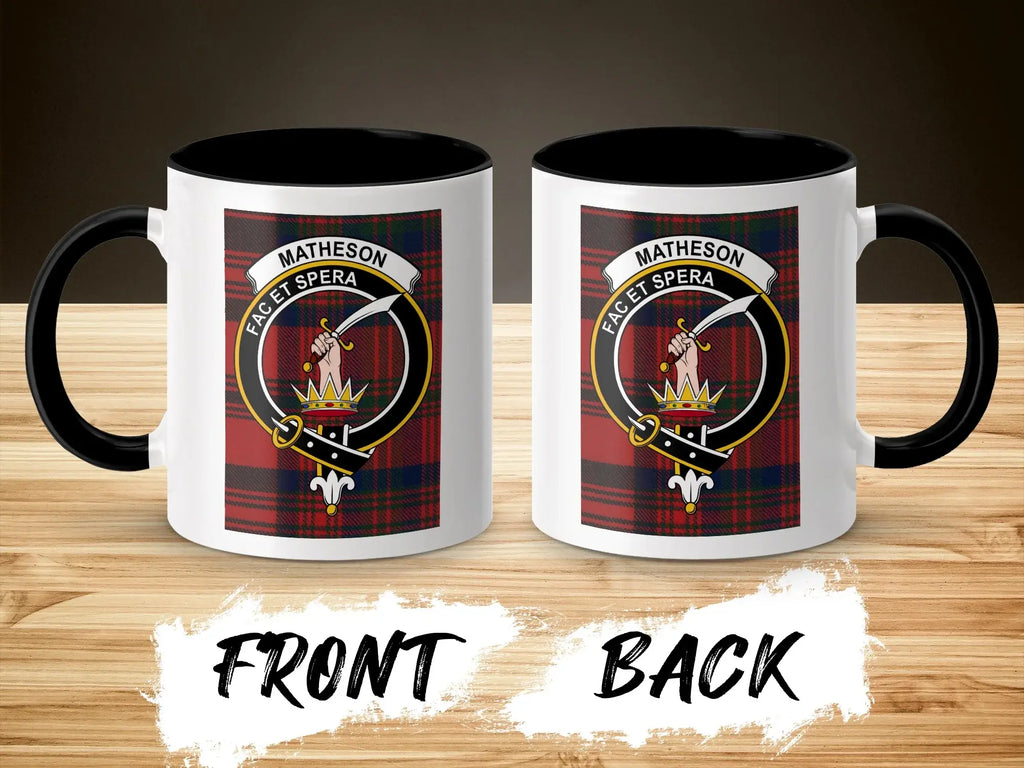 Matheson clan crest mug shown front and back — Scottish tartan and crest on glossy ceramic