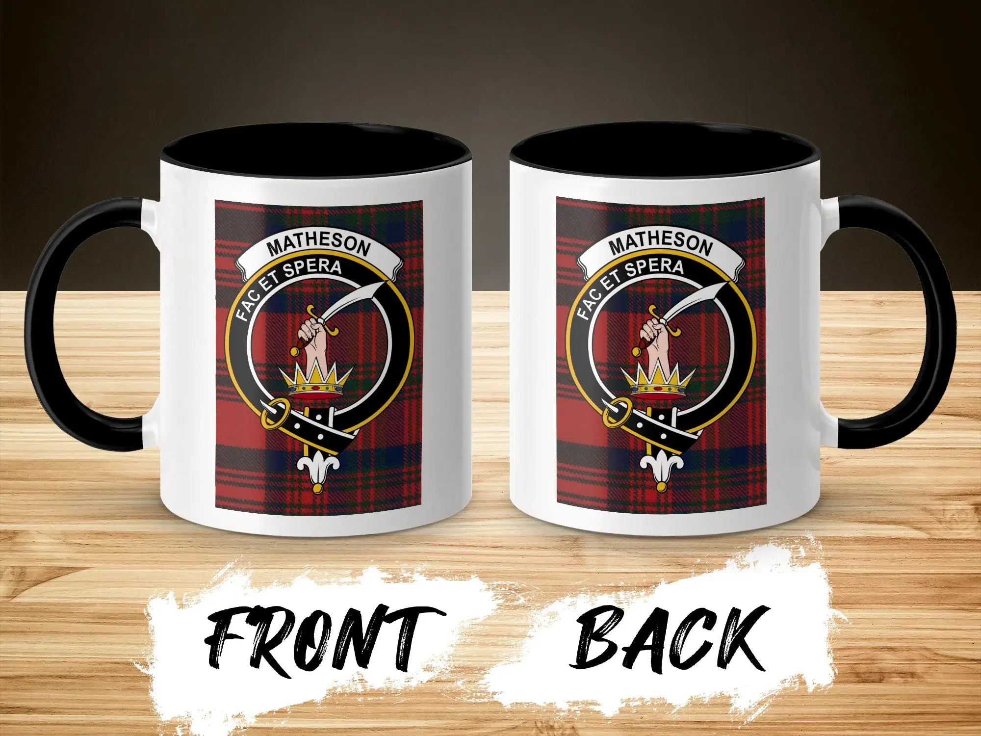 Matheson clan crest mug shown front and back — Scottish tartan and crest on glossy ceramic