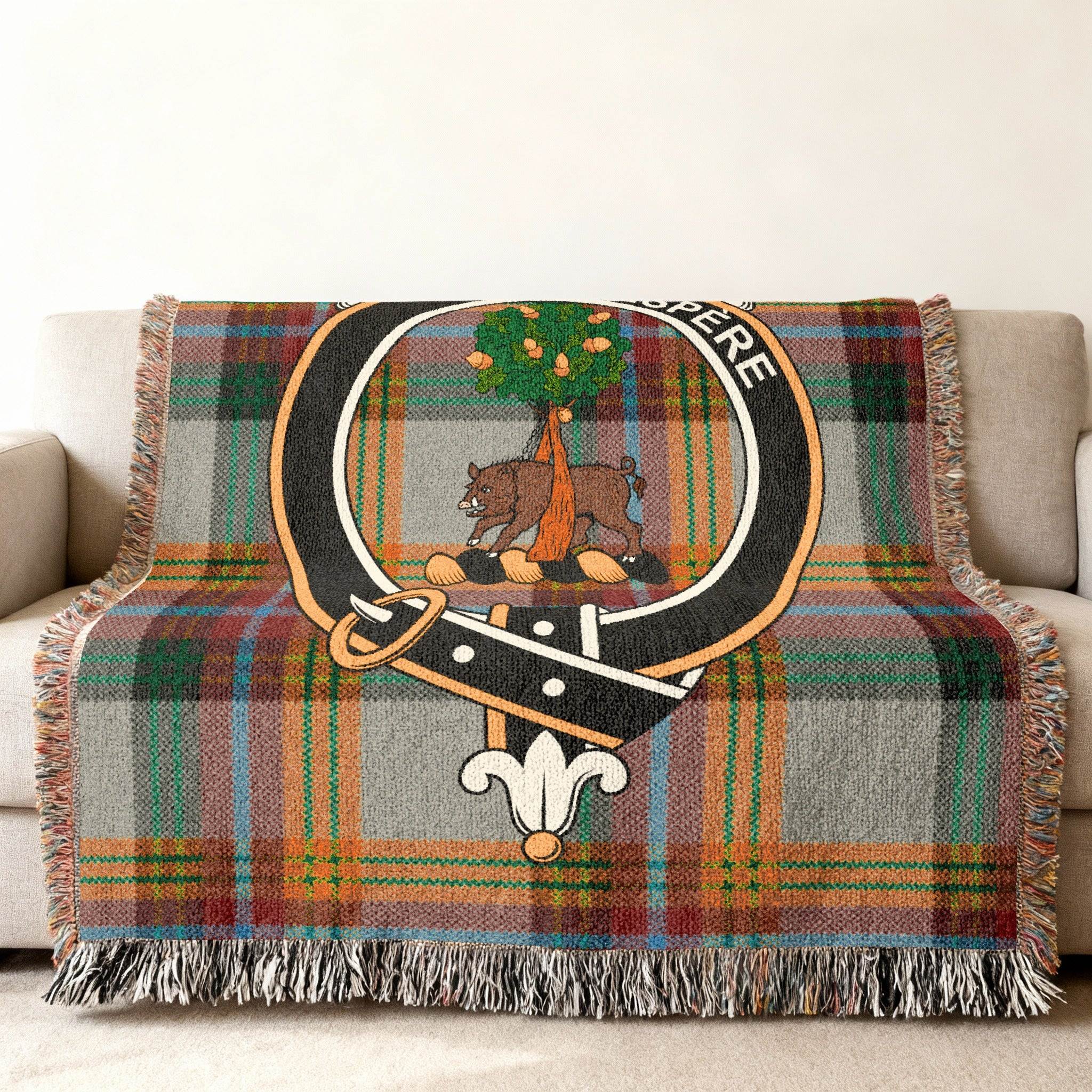 Clan Crest Plaid Throw Blanket with Fringe Edging