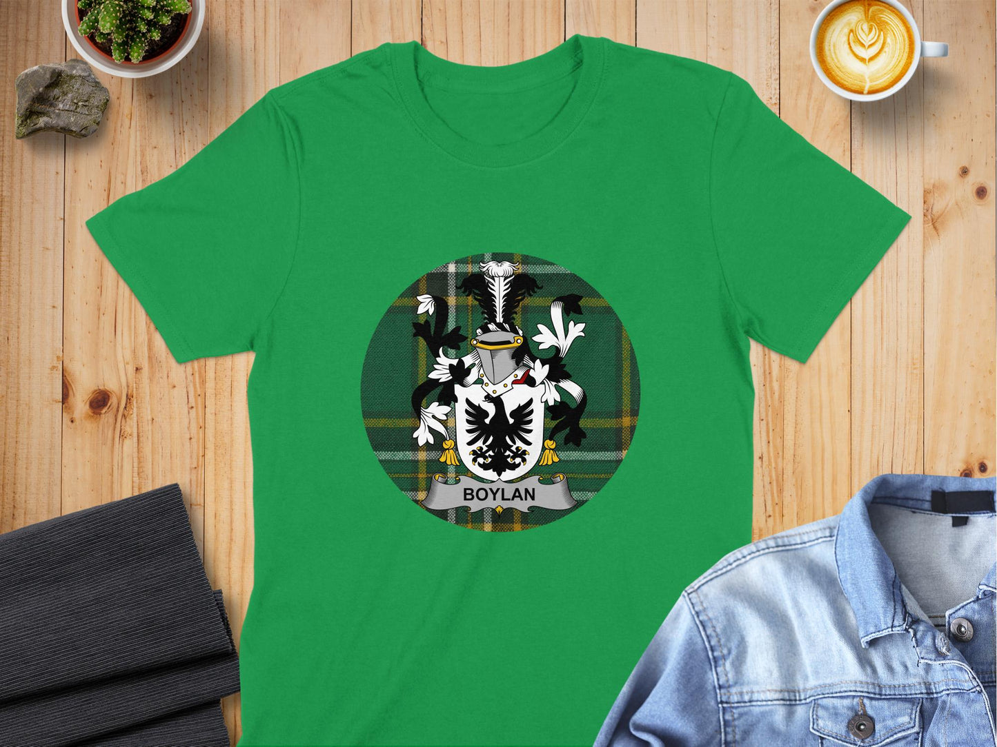 Boylan Family Crest Irish Tartan Background T-Shirt - Living Stone Gifts