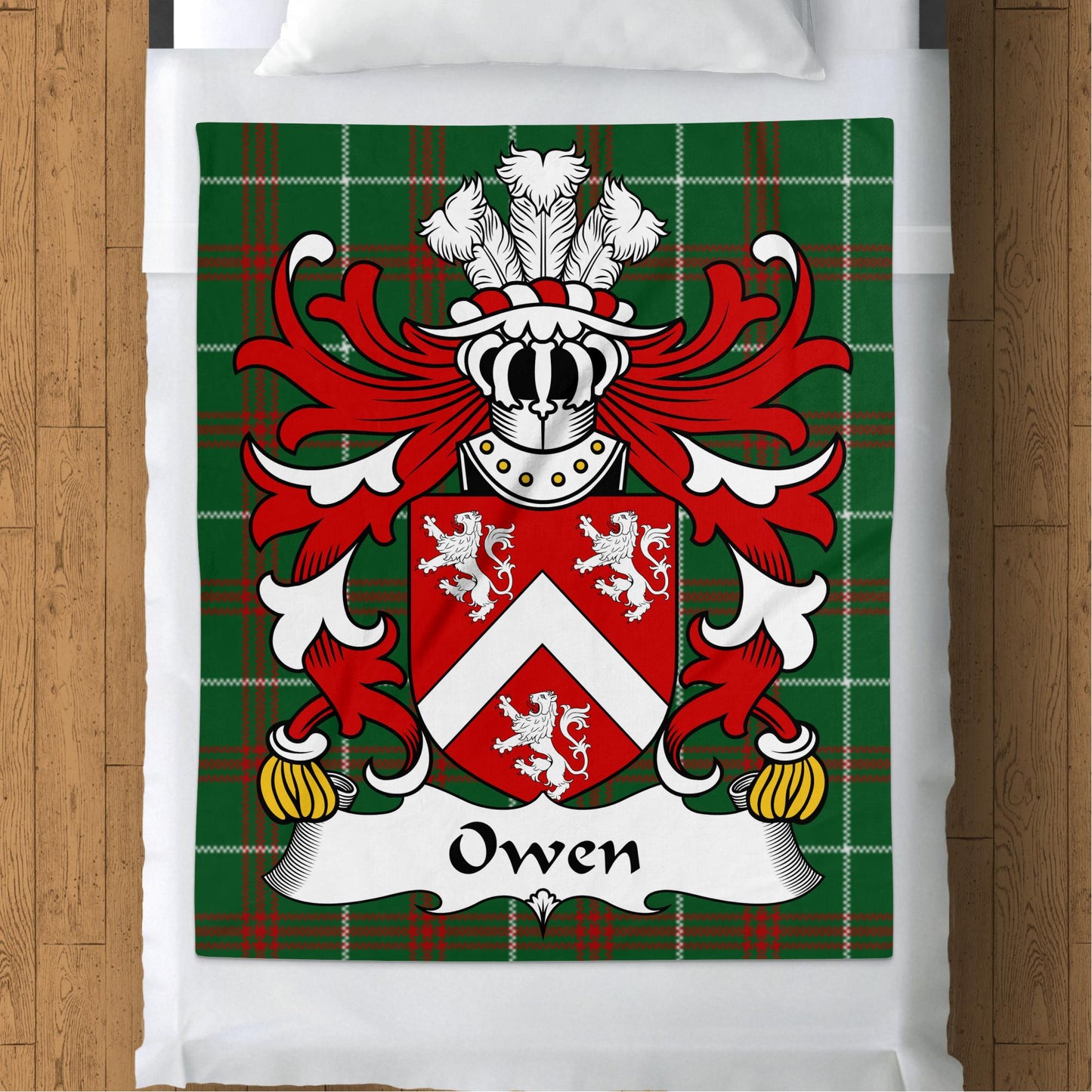 Owen Welsh Surname Coat of Arms on Tartan Background Blanket - Living Stone Gifts