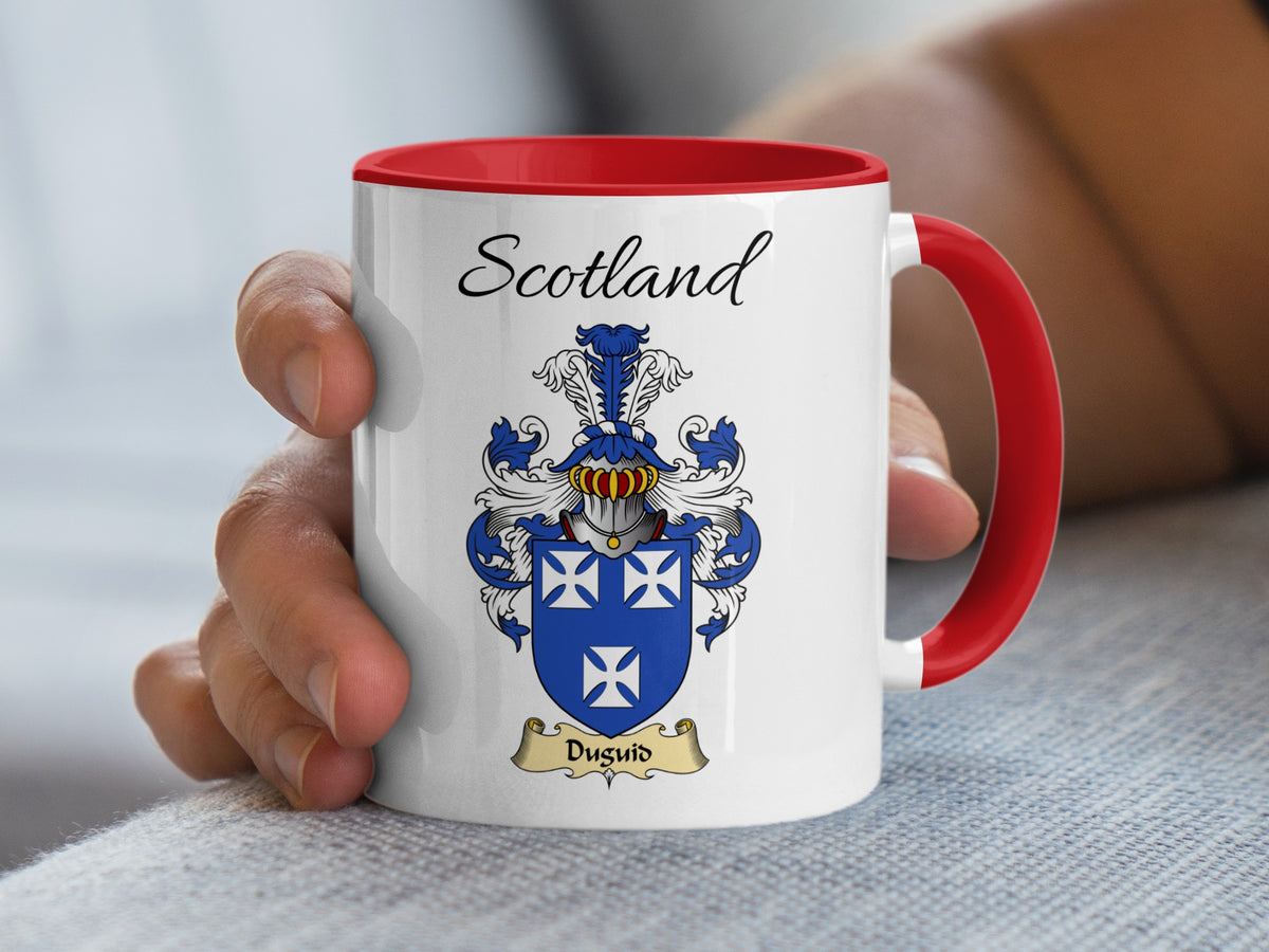 Duguid Scotland coat of arms mug in white ceramic with red interior