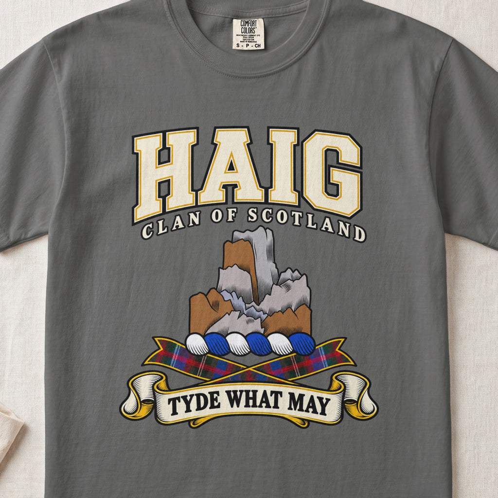 Haig Scottish clan graphic T-shirt in Pepper, front view
