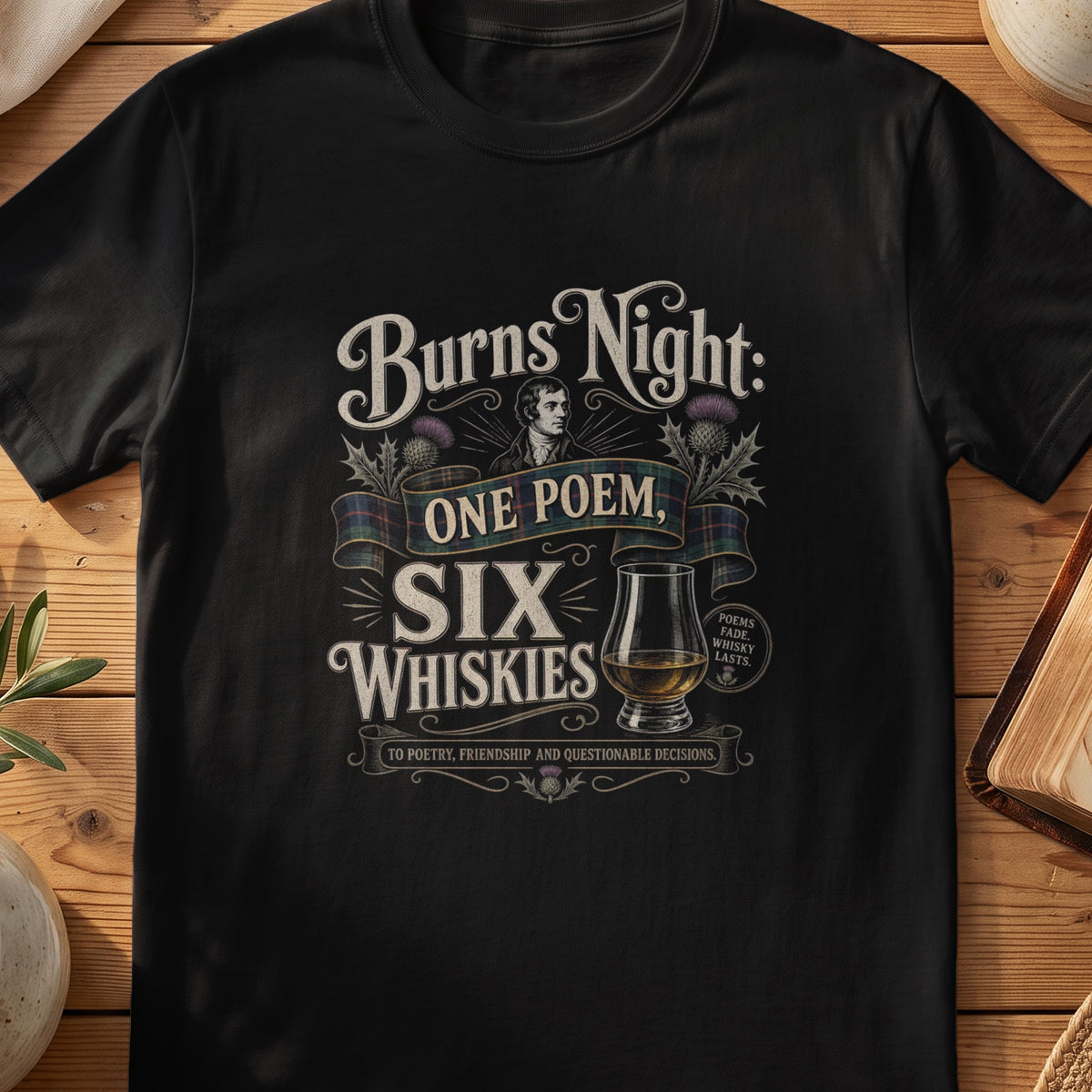 Black Gildan 64000 unisex T-shirt flatlay with Burns Night One Poem Six Whiskies Scottish graphic design