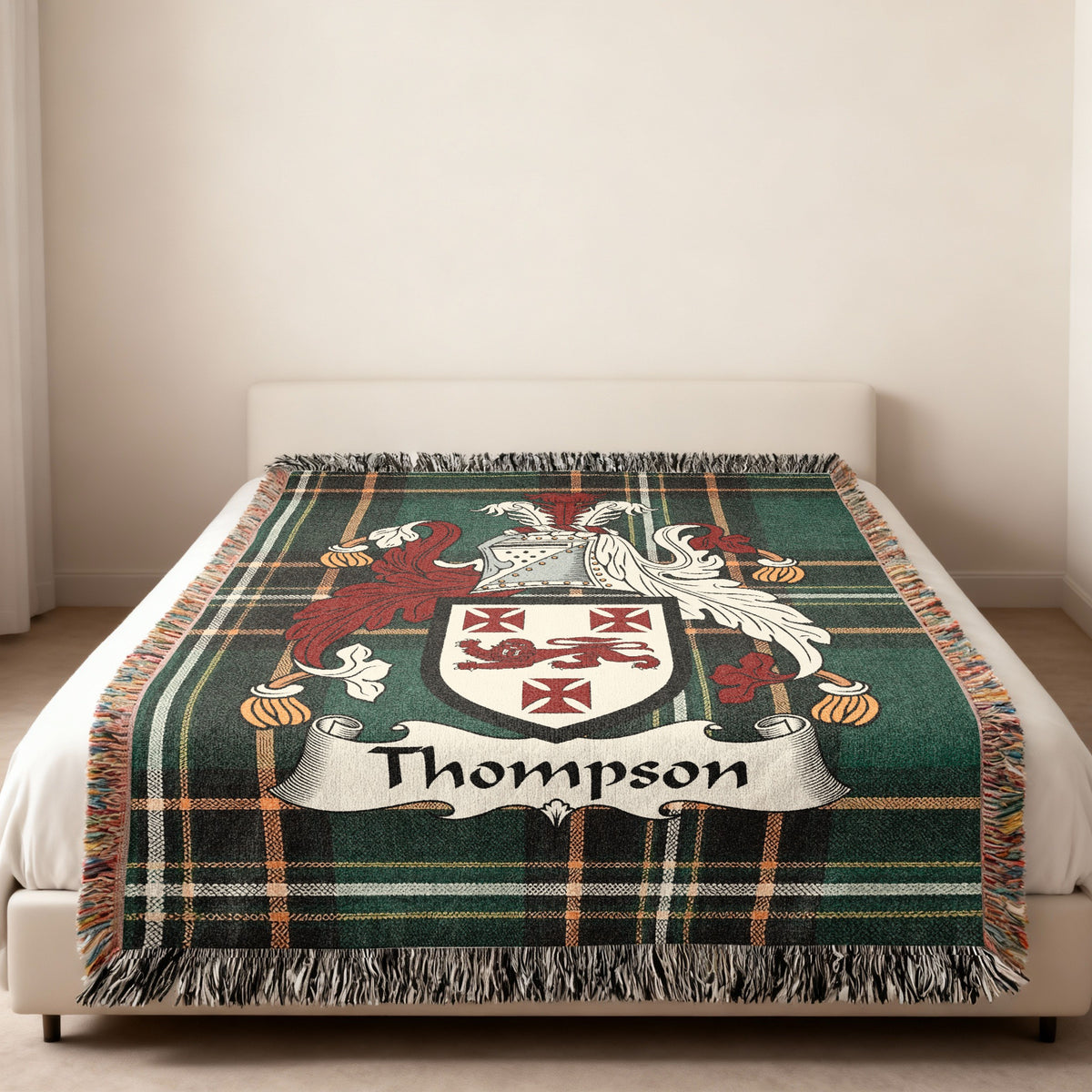 Thompson family crest emblem blanket displayed as home decor
