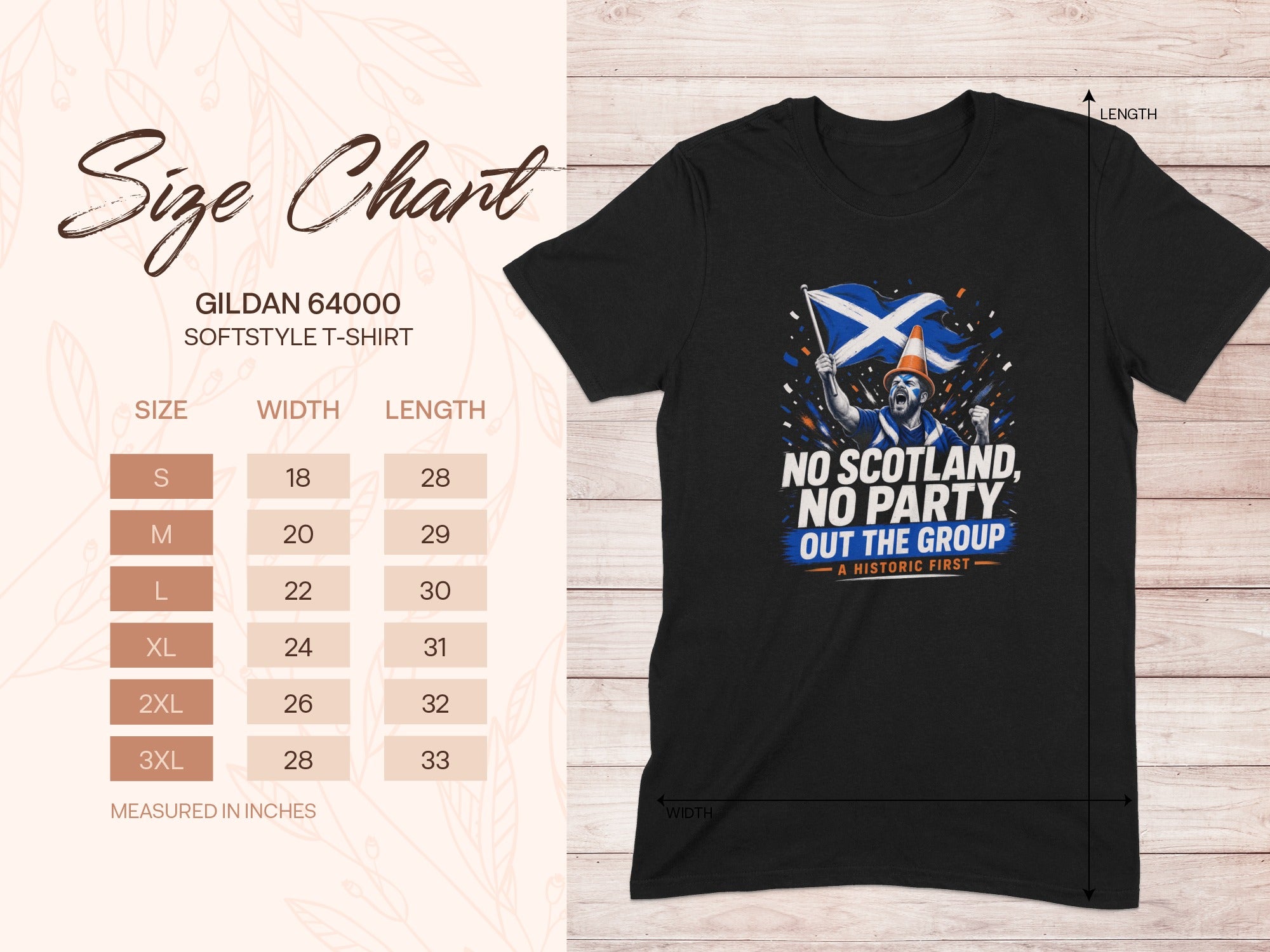 Gildan 64000 size chart for a t-shirt with "No Scotland, No Party" graphic.