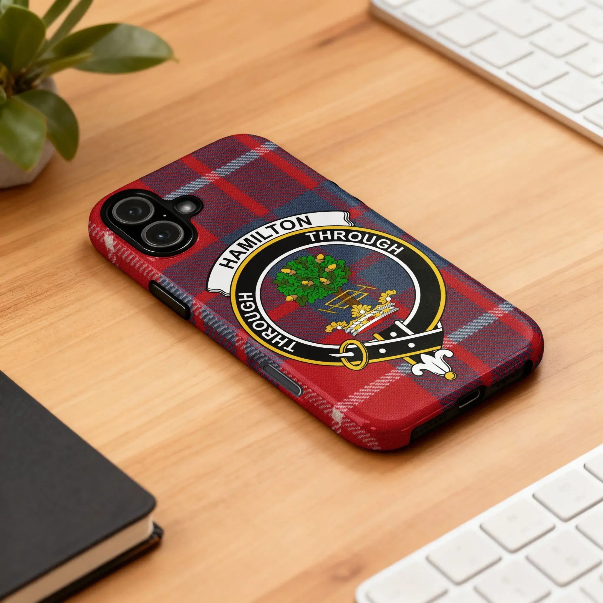 Hamilton crest red and blue plaid design phone case — heart and dagger heraldic wrap