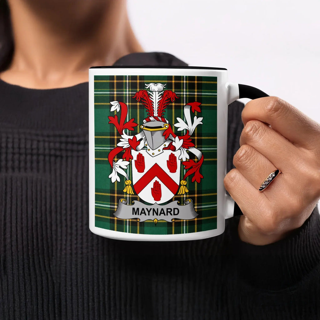 Mug with Maynard family crest and green plaid pattern.