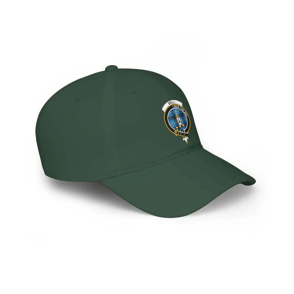 Bell clan crest tartan cap in dark green side view — printed design, unstructured 100% cotton cap