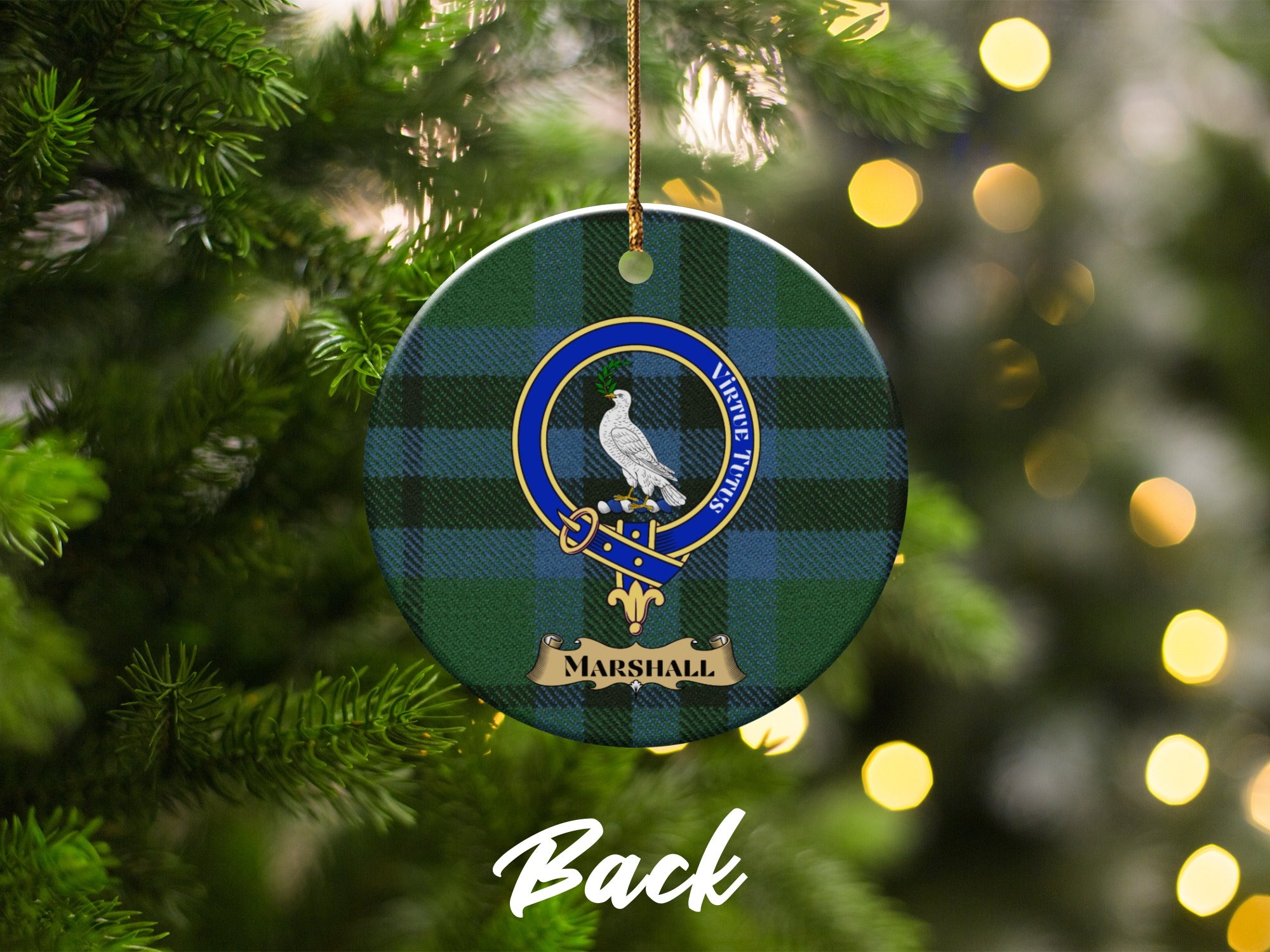 Marshall crest with dove and Virtute Tutus motto on round tartan ornament