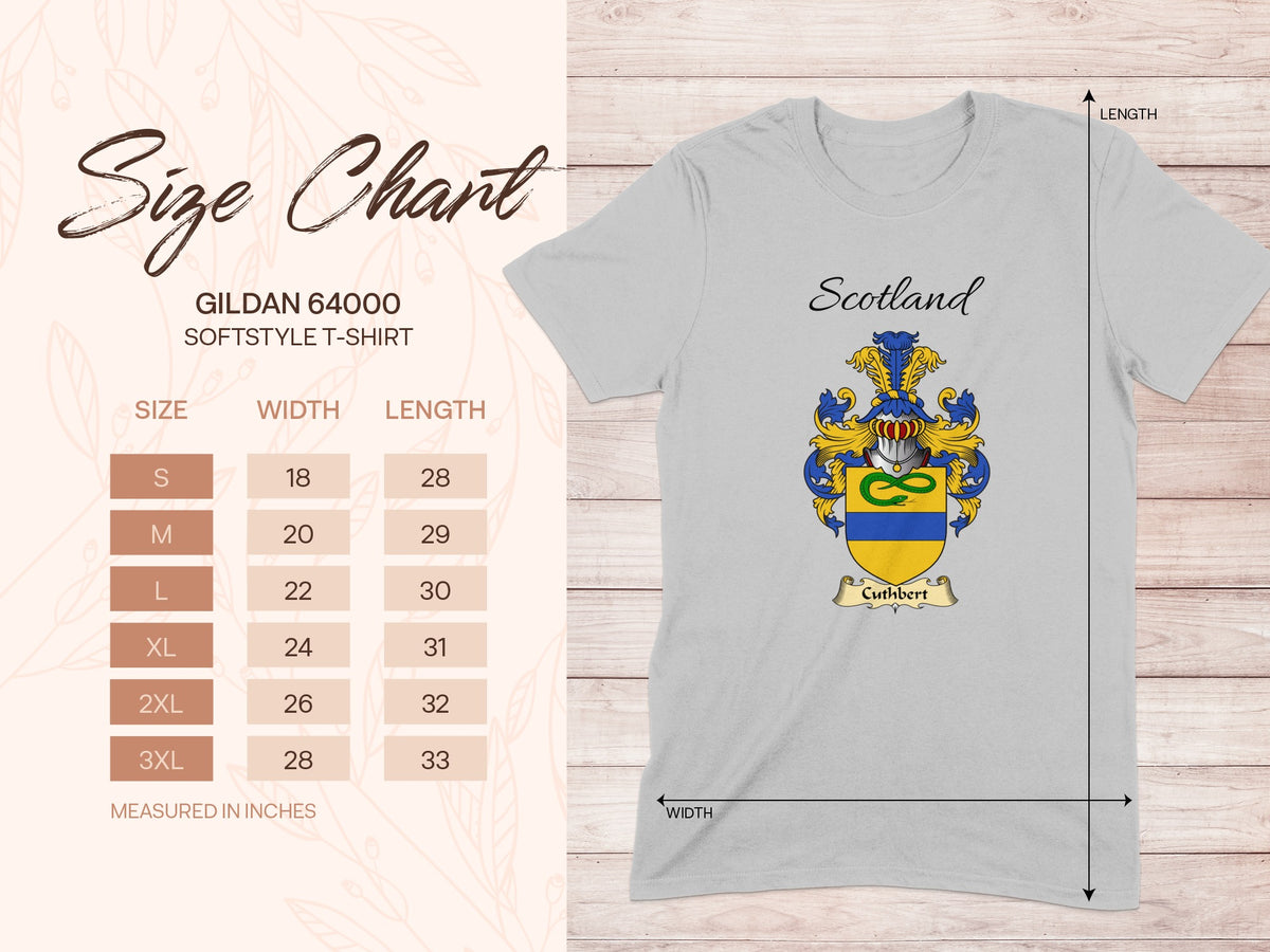 Gildan 64000 size chart for the Cuthbert unisex T-shirt, sizes S to 3XL