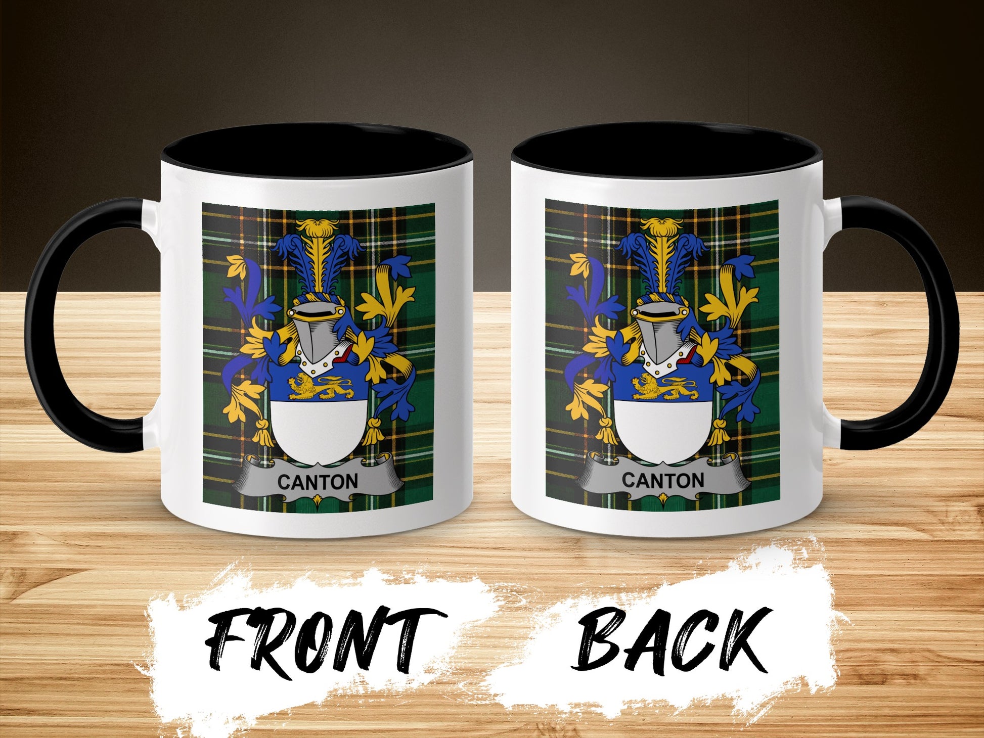 Canton coat of arms on a black and white ceramic mug, front and back view.