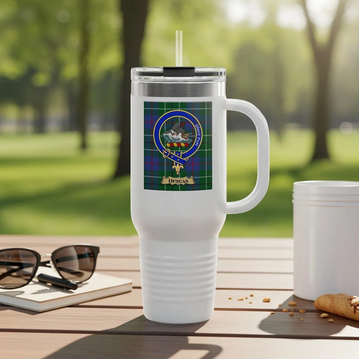 White Travel Mug with Scottish Clan Crest product