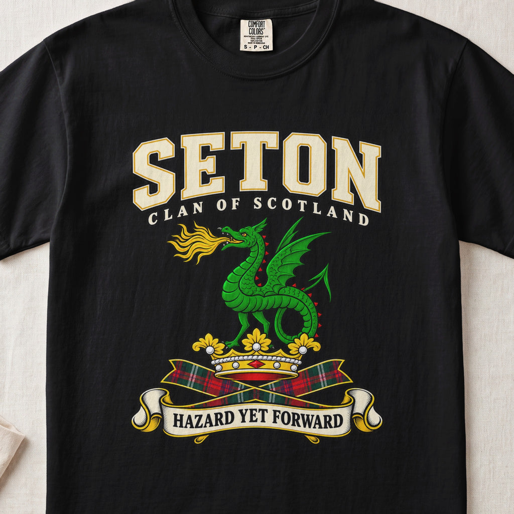 Seton Scottish clan graphic T-shirt in Black, front view