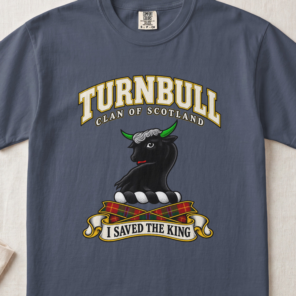 Turnbull Scottish clan T-shirt in Midnight, front view with a black bull head with green horns and motto banner.
