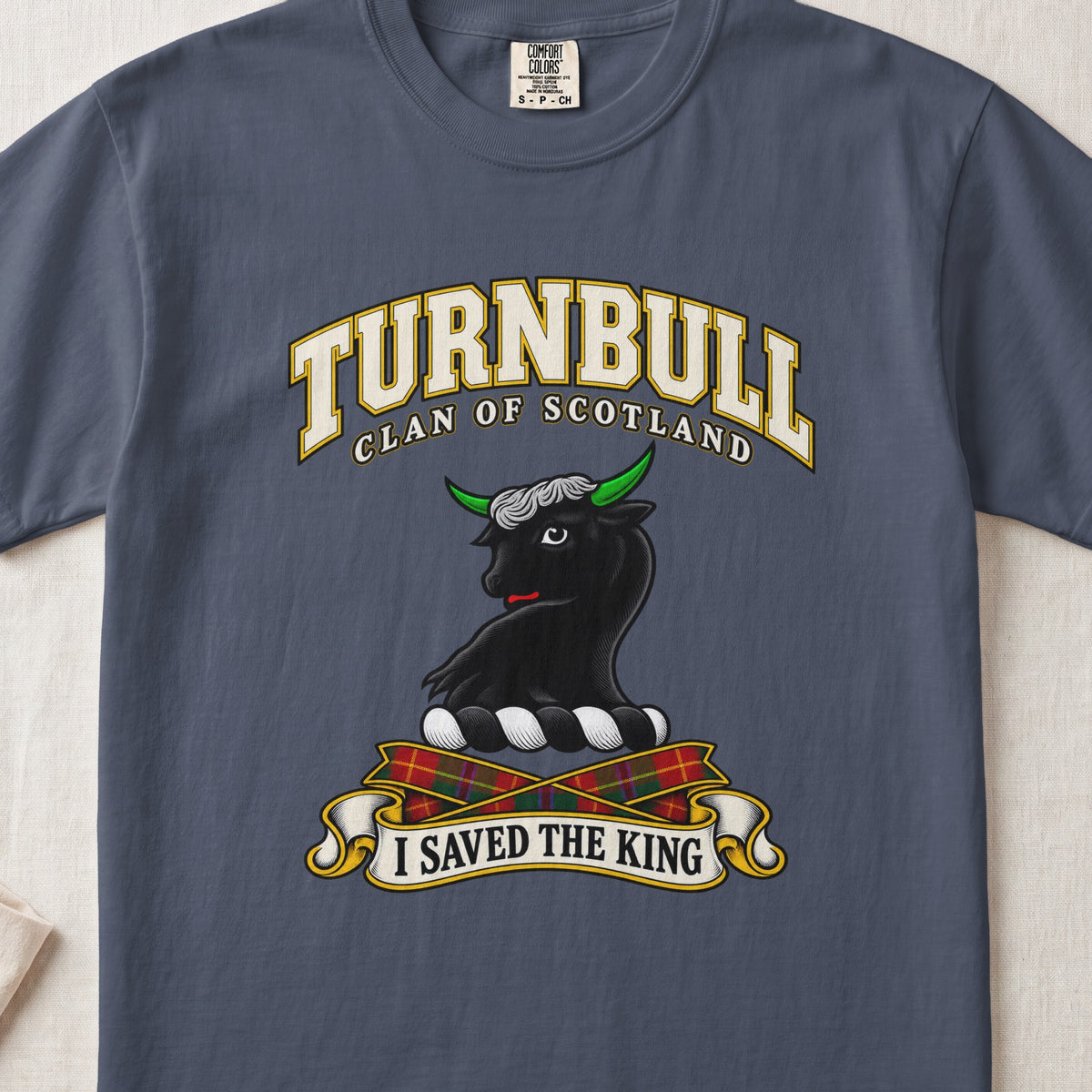 Turnbull Scottish clan T-shirt in Midnight, front view with a black bull head with green horns and motto banner.