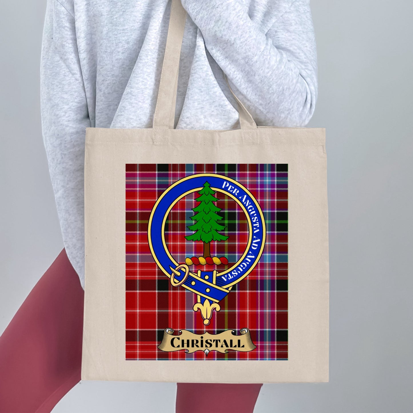 Christall Clan Crest on a Tartan Background Tote Bag - Living Stone Gifts